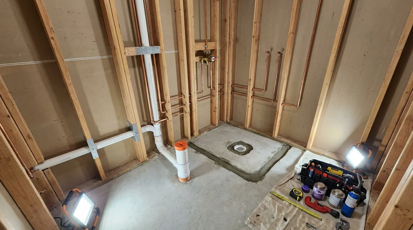 Bathroom rough-in plumbing during remodel by Johns Plumbing LLC in Shoemakersville