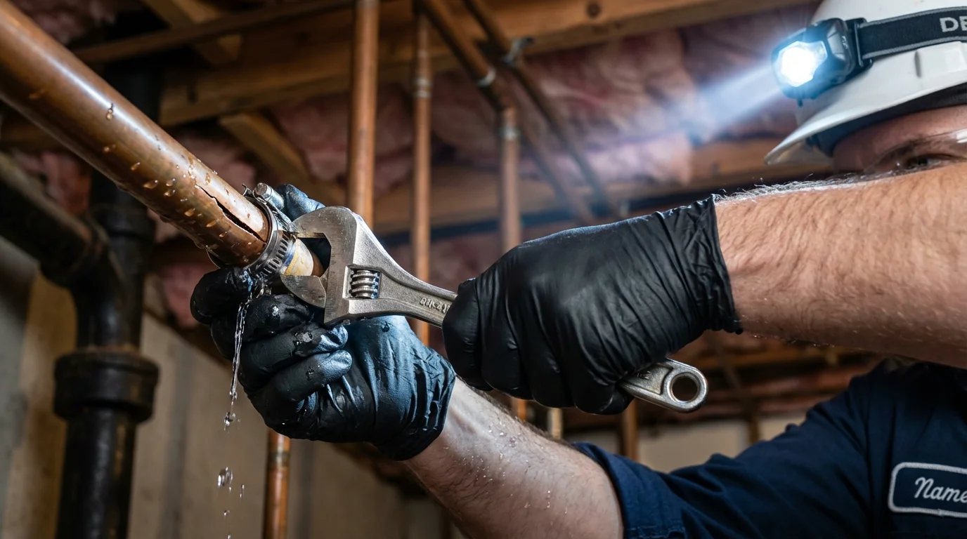 Emergency pipe clamp repair being performed by a Johns Plumbing LLC plumber in Shoemakersville