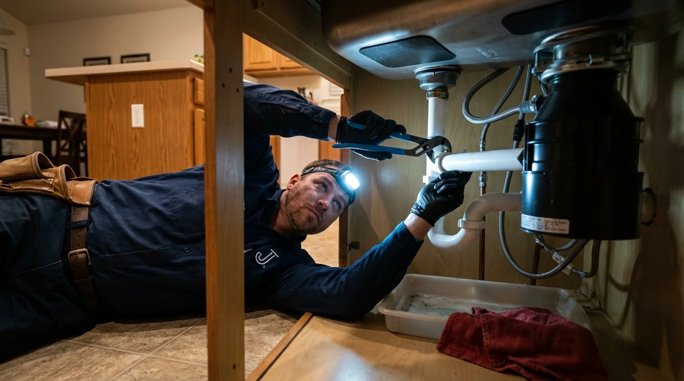 P-trap and supply line connections under a kitchen sink showing a common leak point in Shoemakersville, PA